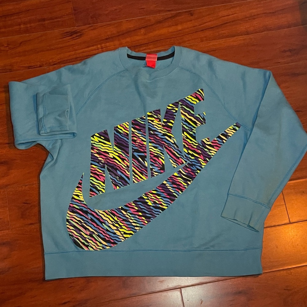 Nike Big Logo Turquoise Vintage Rainbow Striped Swoosh Sweatshirt | XXL